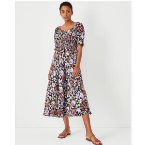 NWOT Ann Taylor- Womens Black Floral Batik Midi Puff Sleeve Tiered Flare Dress